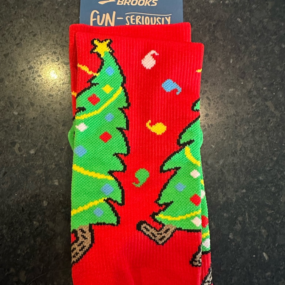 Brooks Vibrant Red Holiday Socks with Tree Design